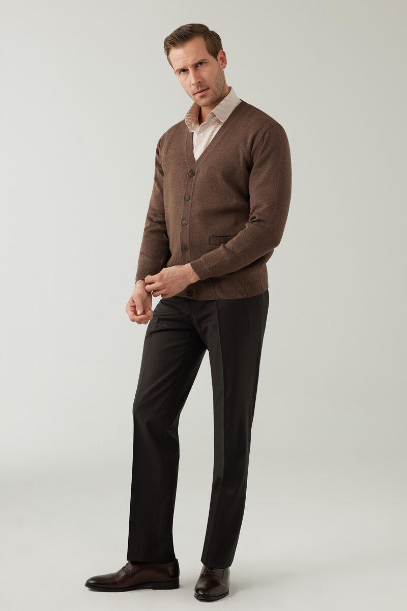 Erkek Vizon Düğmeli Yünlü Triko Hırka - 4