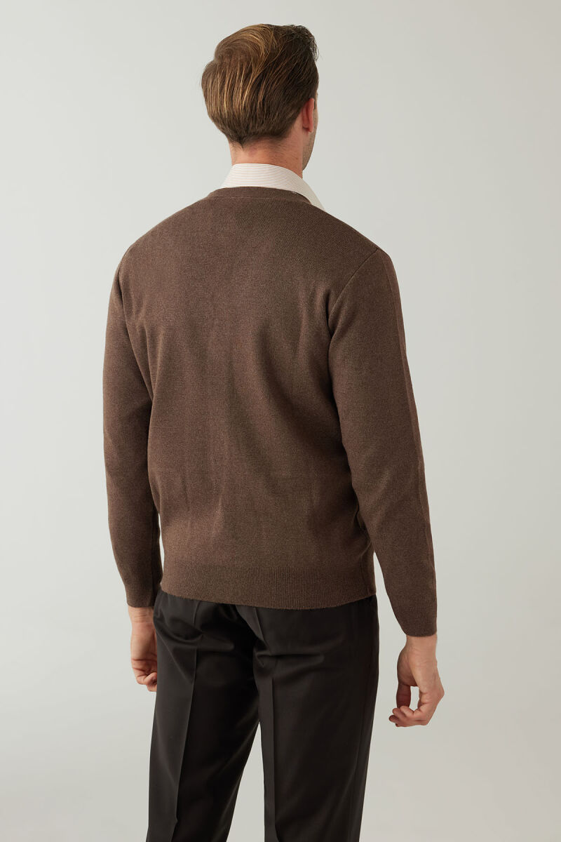 Erkek Vizon Düğmeli Yünlü Triko Hırka - 8