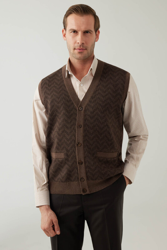 Erkek Vizon Regular Fit Desenli Yün Karışımlı Triko Yelek