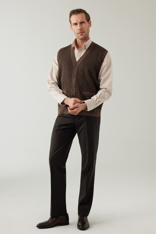 Erkek Vizon Regular Fit Desenli Yün Karışımlı Triko Yelek