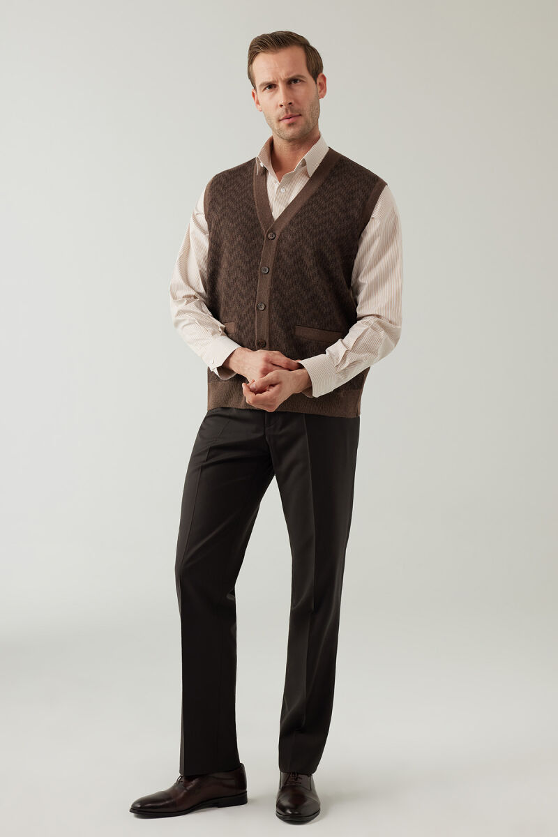 Erkek Vizon Regular Fit Desenli Yün Karışımlı Triko Yelek - 2