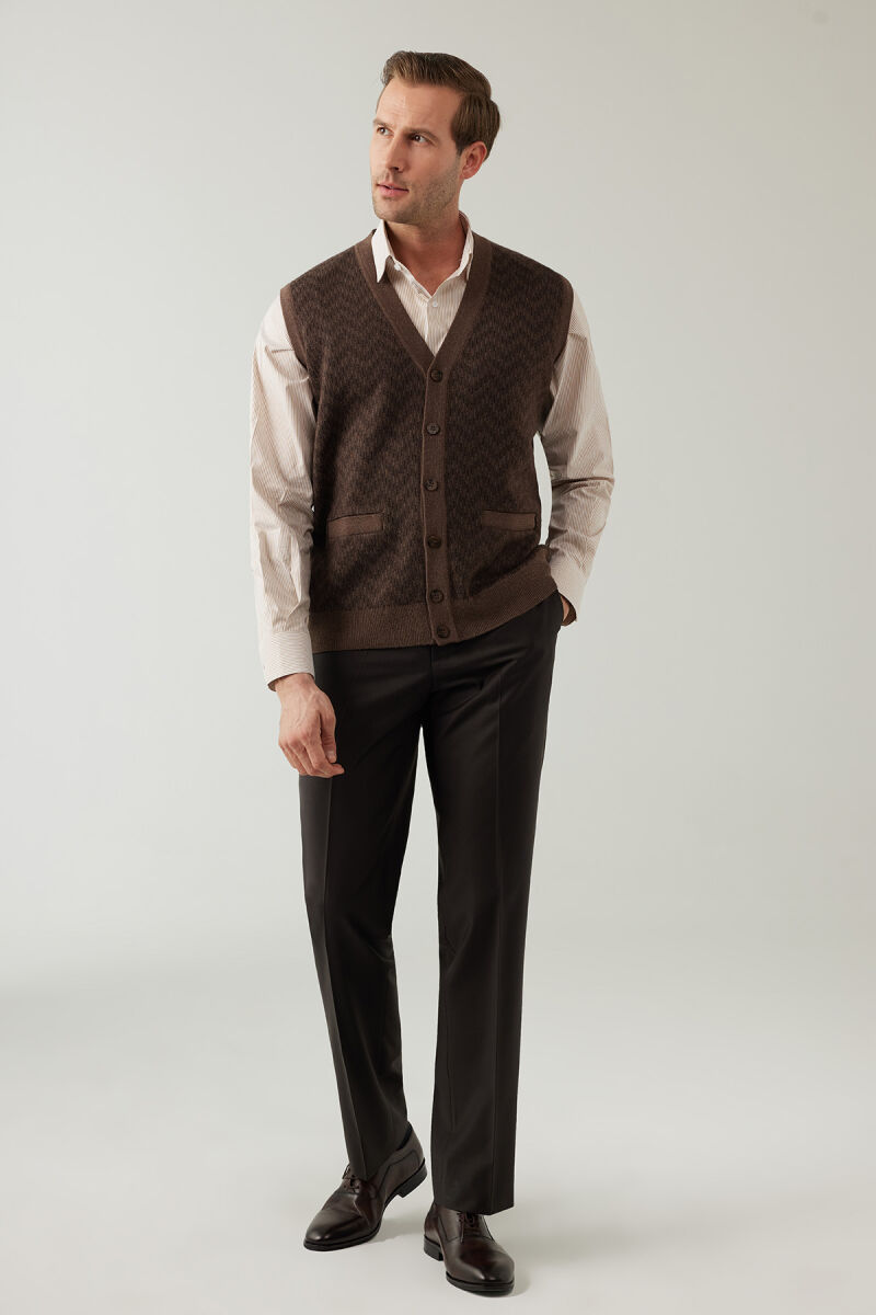 Erkek Vizon Regular Fit Desenli Yün Karışımlı Triko Yelek - 3