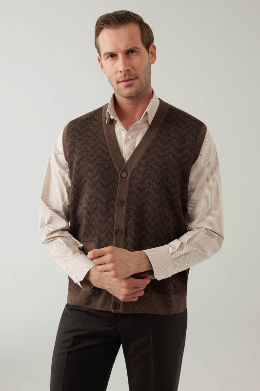 Erkek Vizon Regular Fit Desenli Yün Karışımlı Triko Yelek