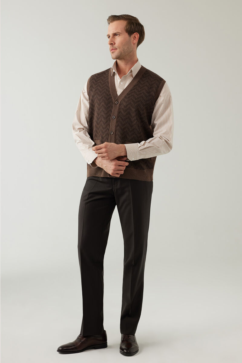 Erkek Vizon Regular Fit Desenli Yün Karışımlı Triko Yelek - 5