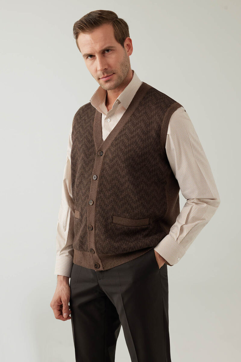 Erkek Vizon Regular Fit Desenli Yün Karışımlı Triko Yelek - 6