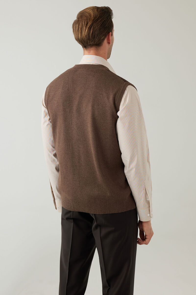 Erkek Vizon Regular Fit Desenli Yün Karışımlı Triko Yelek - 8
