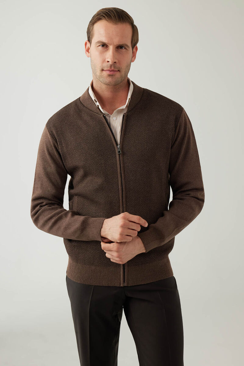 Erkek Vizon Regular Fit Hakim Yaka Çelik Örgü Triko Hırka - 1