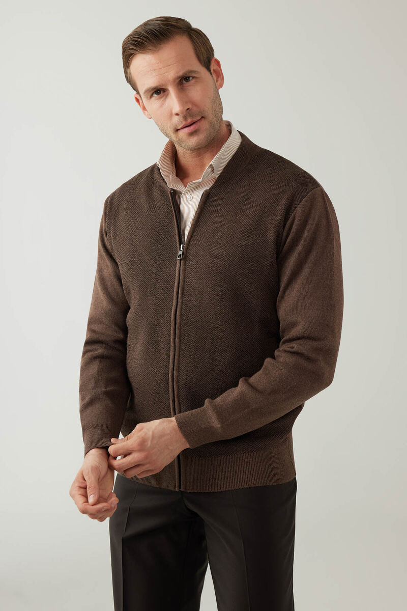 Erkek Vizon Regular Fit Hakim Yaka Çelik Örgü Triko Hırka - 2