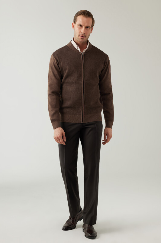 Erkek Vizon Regular Fit Hakim Yaka Çelik Örgü Triko Hırka