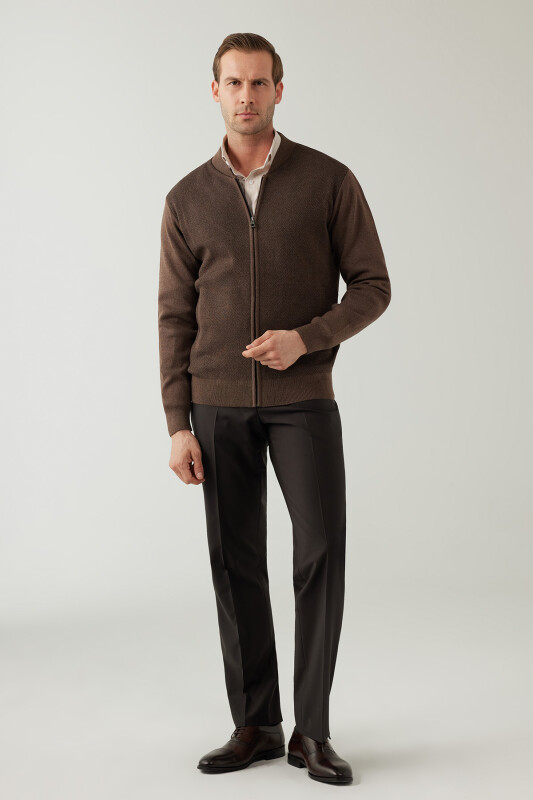 Erkek Vizon Regular Fit Hakim Yaka Çelik Örgü Triko Hırka