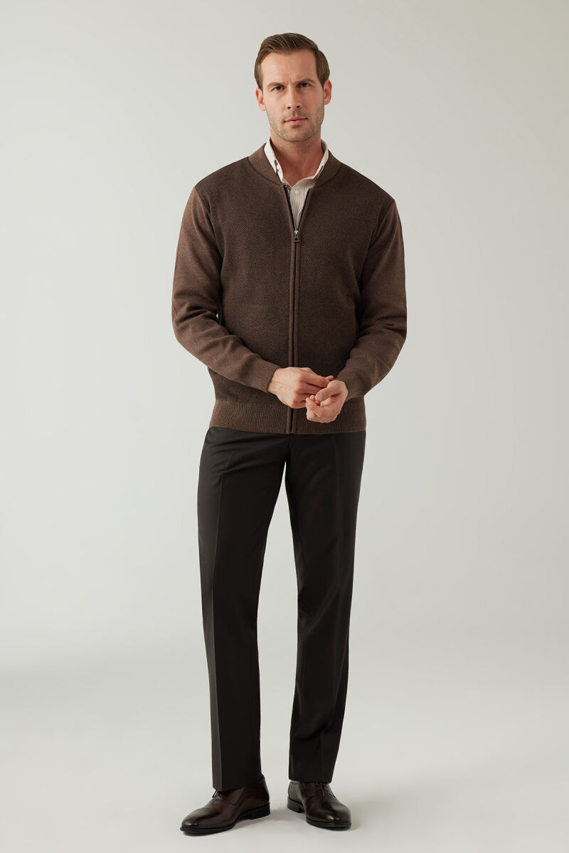 Erkek Vizon Regular Fit Hakim Yaka Çelik Örgü Triko Hırka - 5