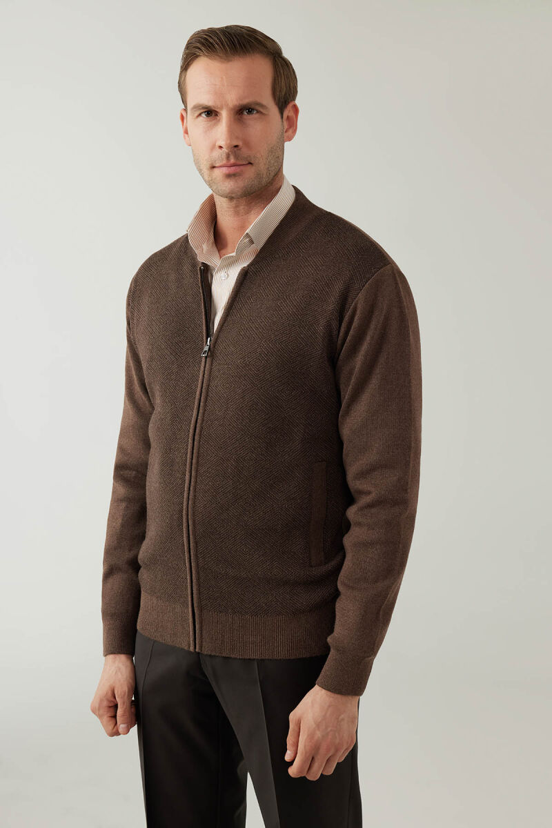 Erkek Vizon Regular Fit Hakim Yaka Çelik Örgü Triko Hırka - 6