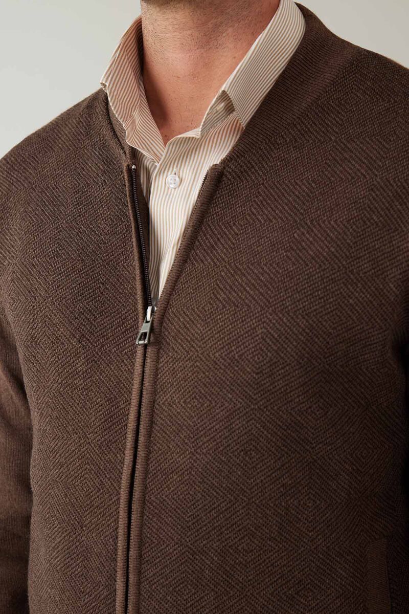 Erkek Vizon Regular Fit Hakim Yaka Çelik Örgü Triko Hırka - 7