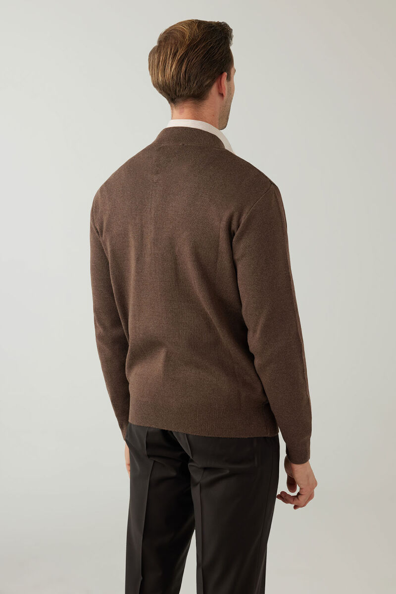 Erkek Vizon Regular Fit Hakim Yaka Çelik Örgü Triko Hırka - 8