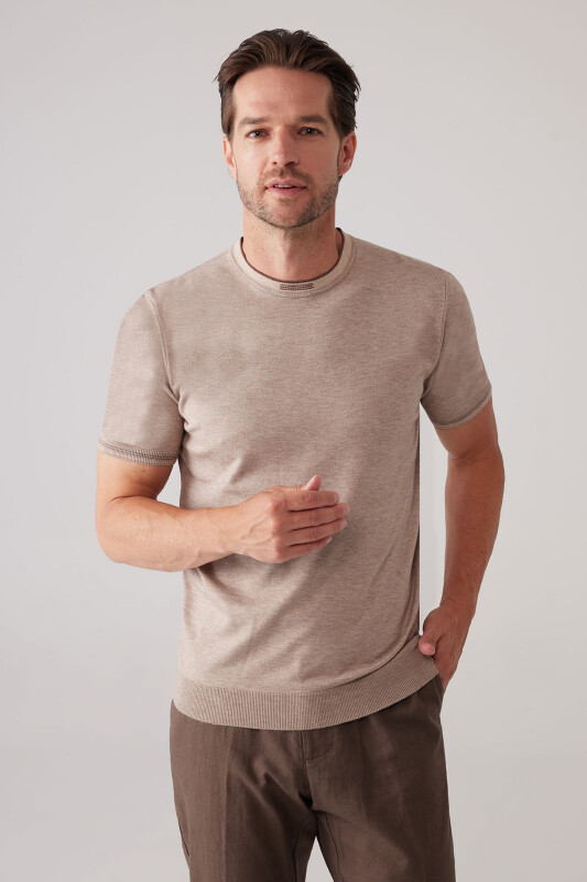 Erkek Vizon Slim Fit Kaşmir Karışımlı Bisiklet Yaka Tişört