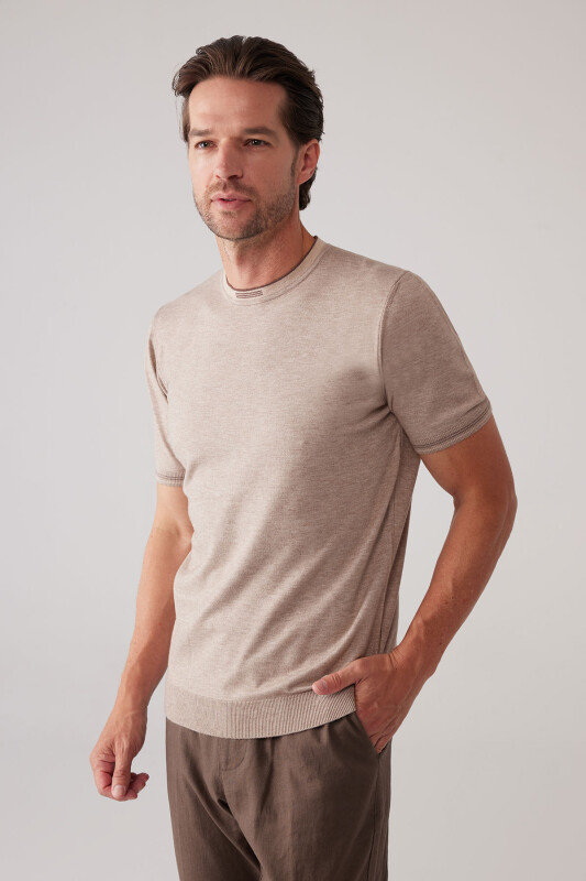 Erkek Vizon Slim Fit Kaşmir Karışımlı Bisiklet Yaka Tişört
