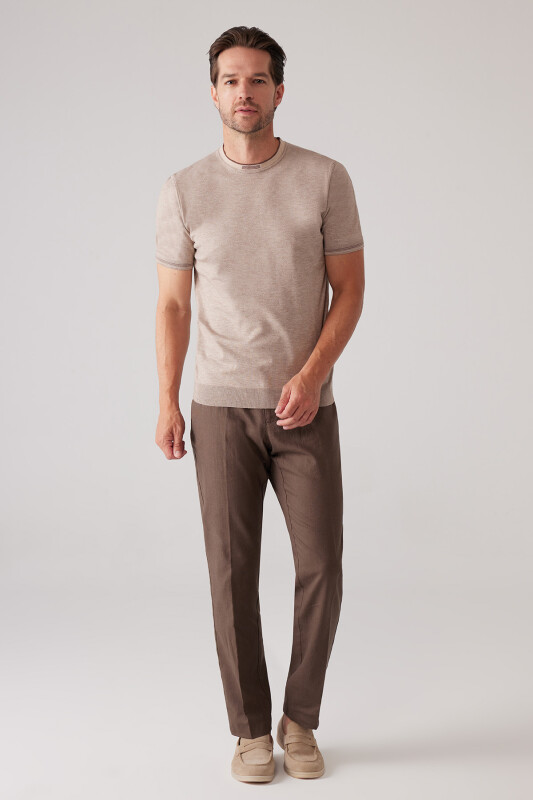 Erkek Vizon Slim Fit Kaşmir Karışımlı Bisiklet Yaka Tişört
