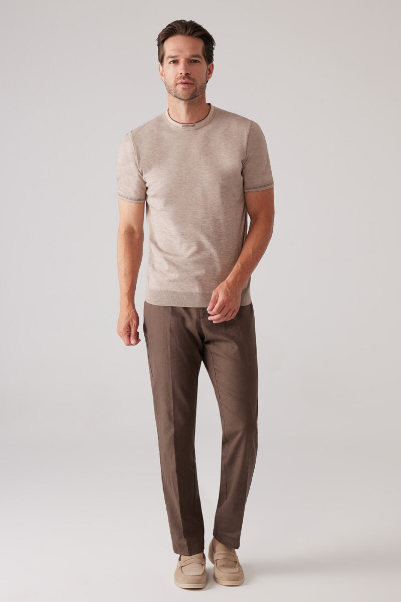 Erkek Vizon Slim Fit Kaşmir Karışımlı Bisiklet Yaka Tişört - 3