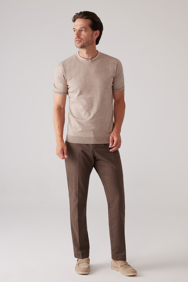 Erkek Vizon Slim Fit Kaşmir Karışımlı Bisiklet Yaka Tişört - 4