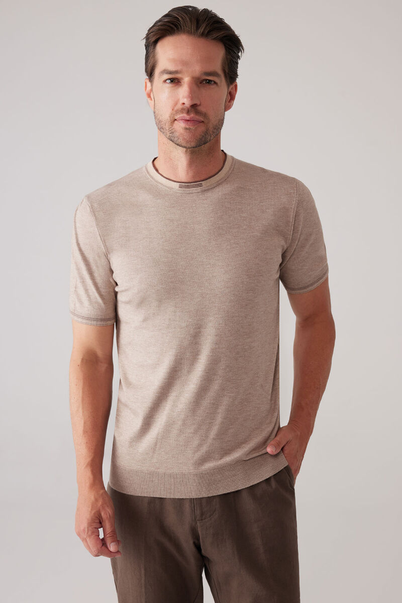 Erkek Vizon Slim Fit Kaşmir Karışımlı Bisiklet Yaka Tişört - 5