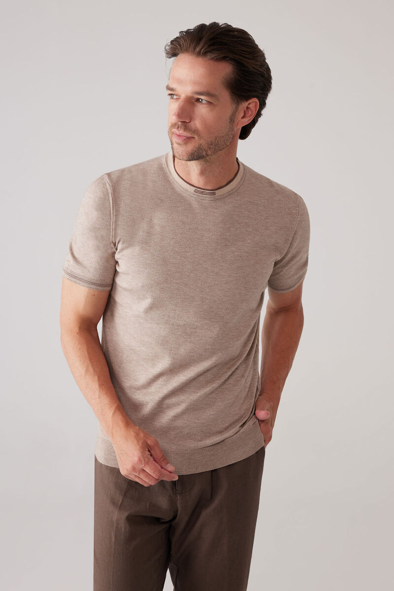Erkek Vizon Slim Fit Kaşmir Karışımlı Bisiklet Yaka Tişört - 6