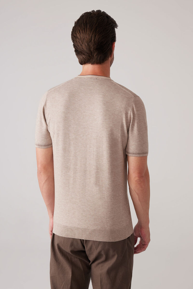 Erkek Vizon Slim Fit Kaşmir Karışımlı Bisiklet Yaka Tişört - 8