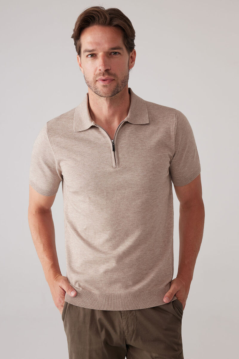 Erkek Vizon Slim Fit Yarım Fermuarlı Pamuk-Kaşmir Polo Tişört - 1