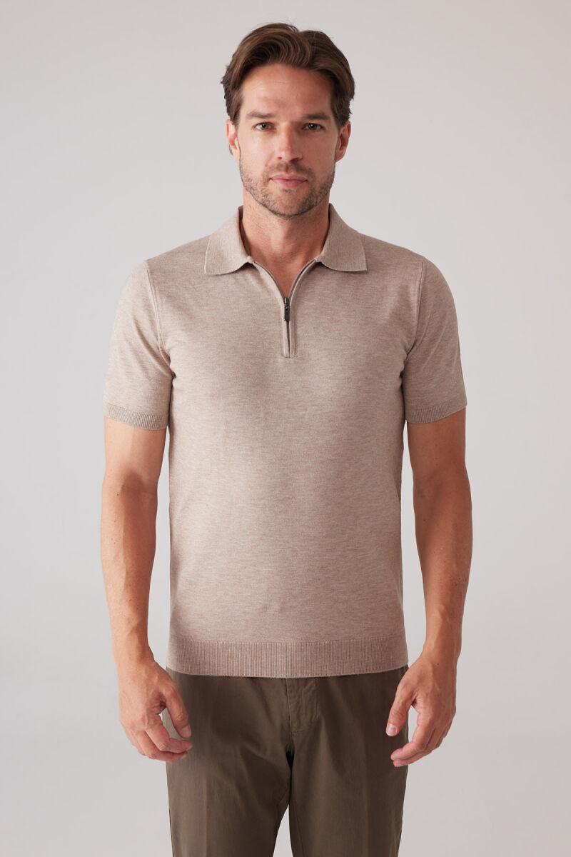Erkek Vizon Slim Fit Yarım Fermuarlı Pamuk-Kaşmir Polo Tişört - 2