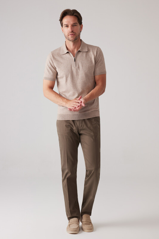 Erkek Vizon Slim Fit Yarım Fermuarlı Pamuk-Kaşmir Polo Tişört