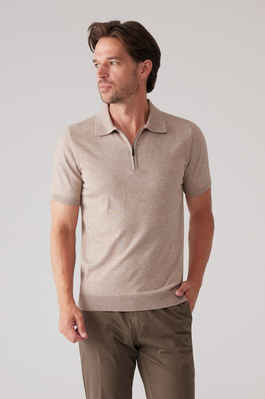 Erkek Vizon Slim Fit Yarım Fermuarlı Pamuk-Kaşmir Polo Tişört