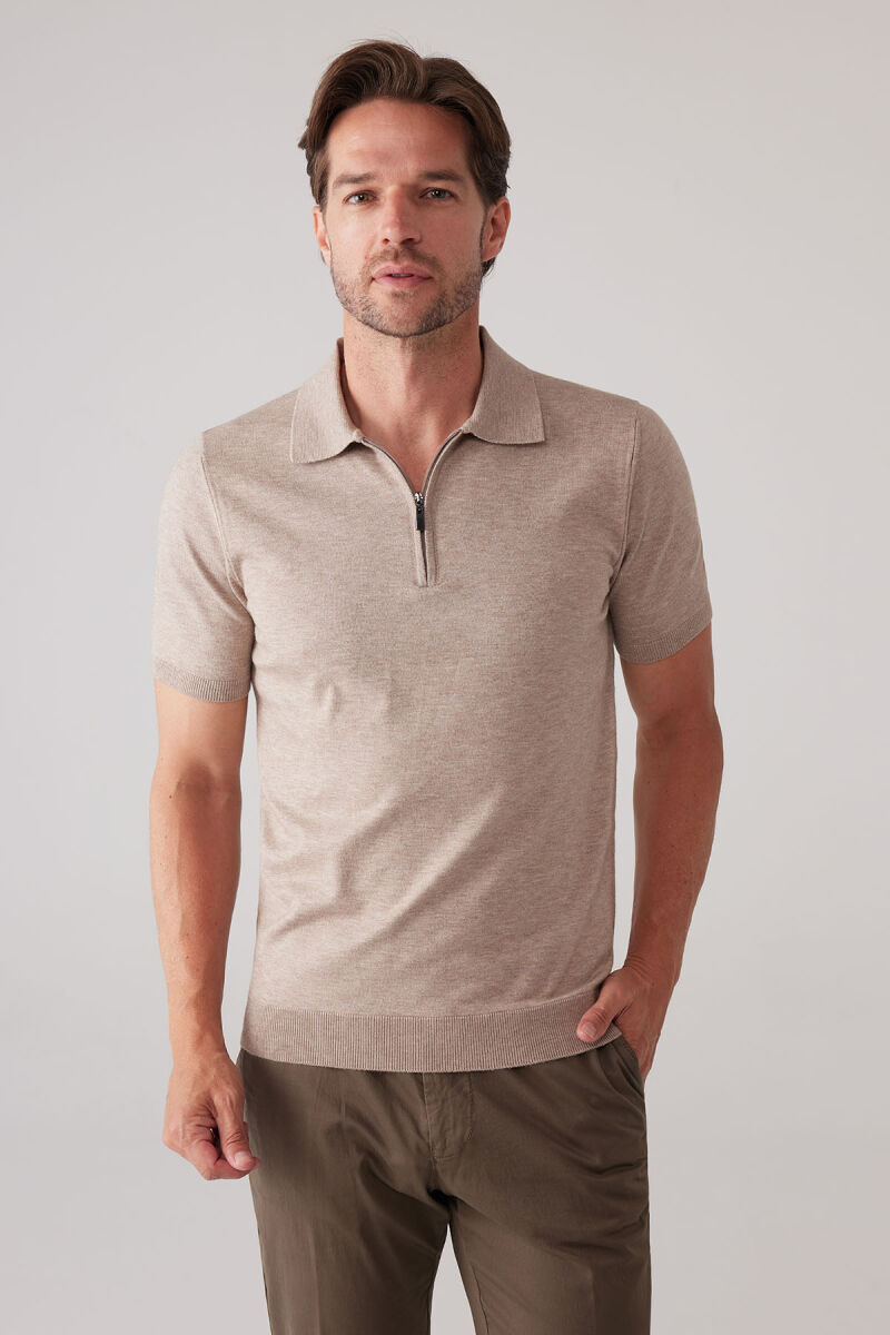 Erkek Vizon Slim Fit Yarım Fermuarlı Pamuk-Kaşmir Polo Tişört - 5