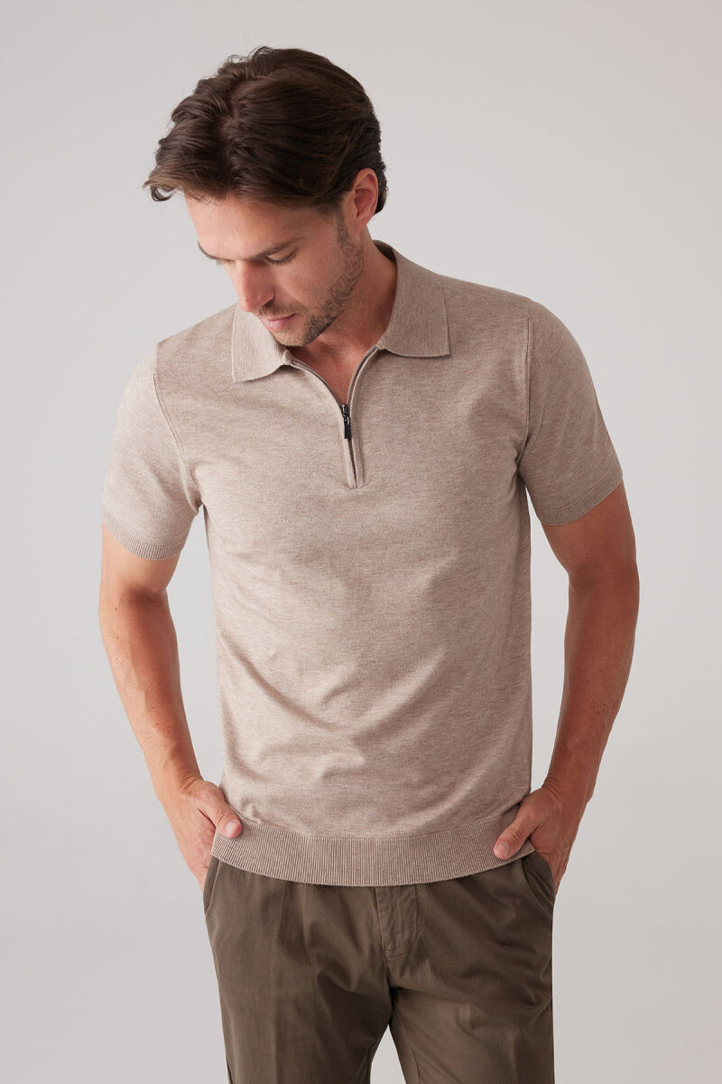 Erkek Vizon Slim Fit Yarım Fermuarlı Pamuk-Kaşmir Polo Tişört - 6