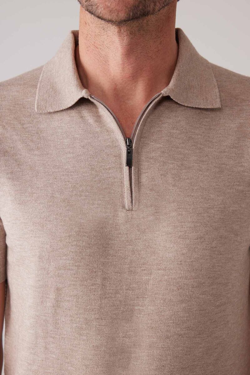 Erkek Vizon Slim Fit Yarım Fermuarlı Pamuk-Kaşmir Polo Tişört - 7