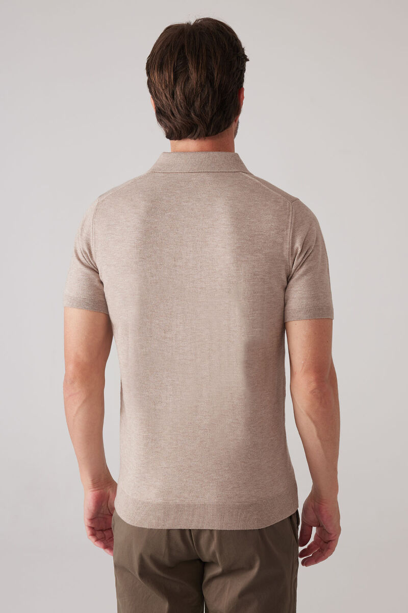 Erkek Vizon Slim Fit Yarım Fermuarlı Pamuk-Kaşmir Polo Tişört - 8