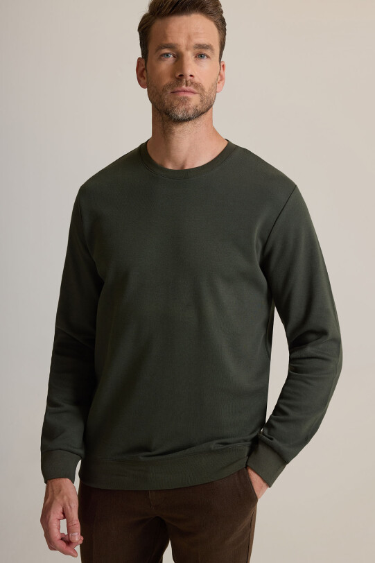 Erkek Yeşil Bisiklet Yaka Pamuklu Sweatshirt