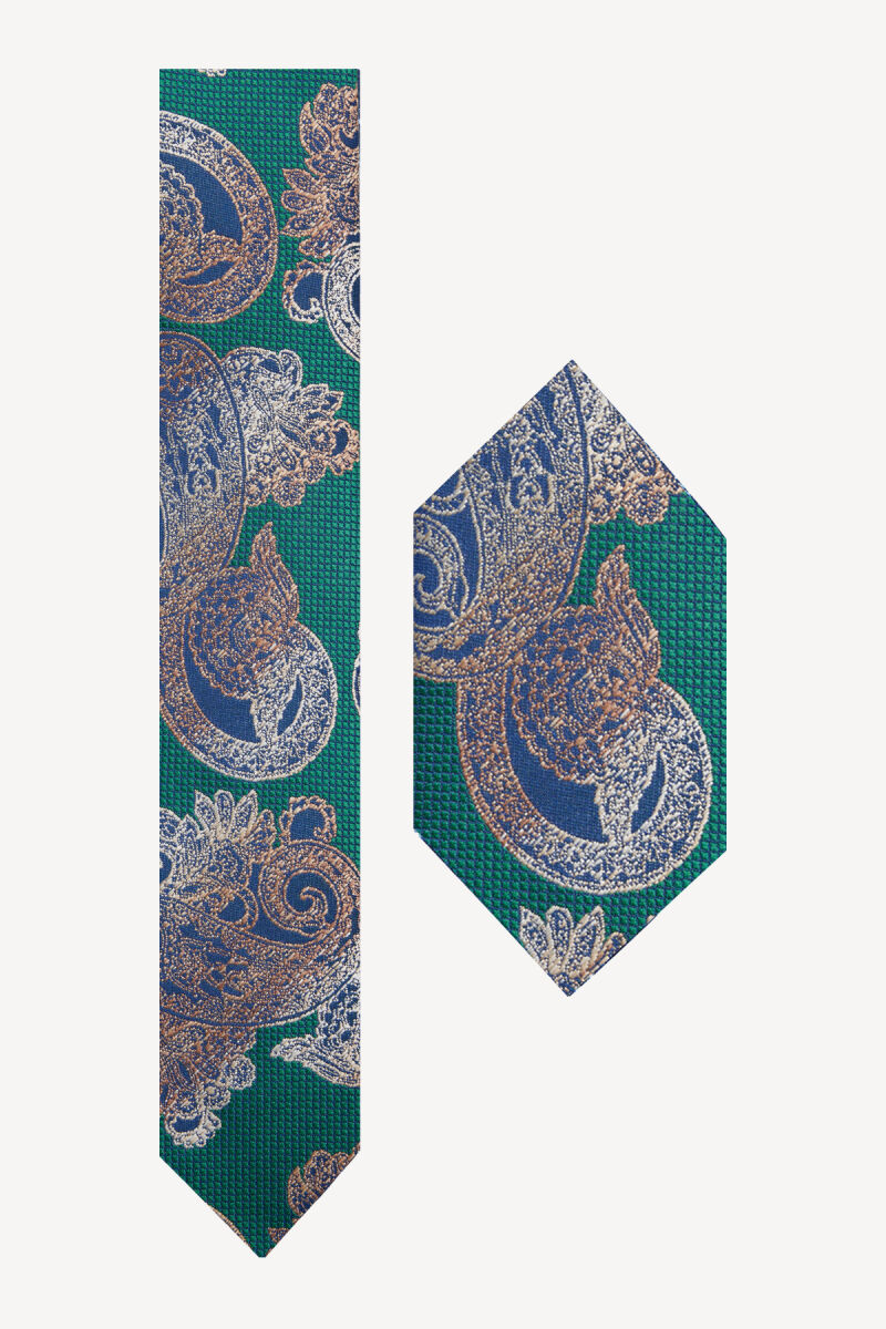 Erkek Yeşil Desenli Kravat Mendil Set - 1