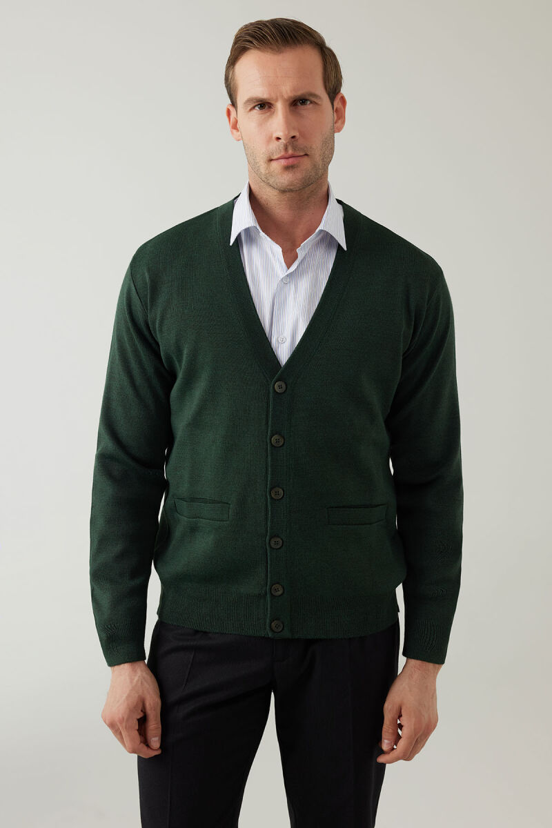 Erkek Yeşil Düğmeli Yünlü Triko Hırka - 1