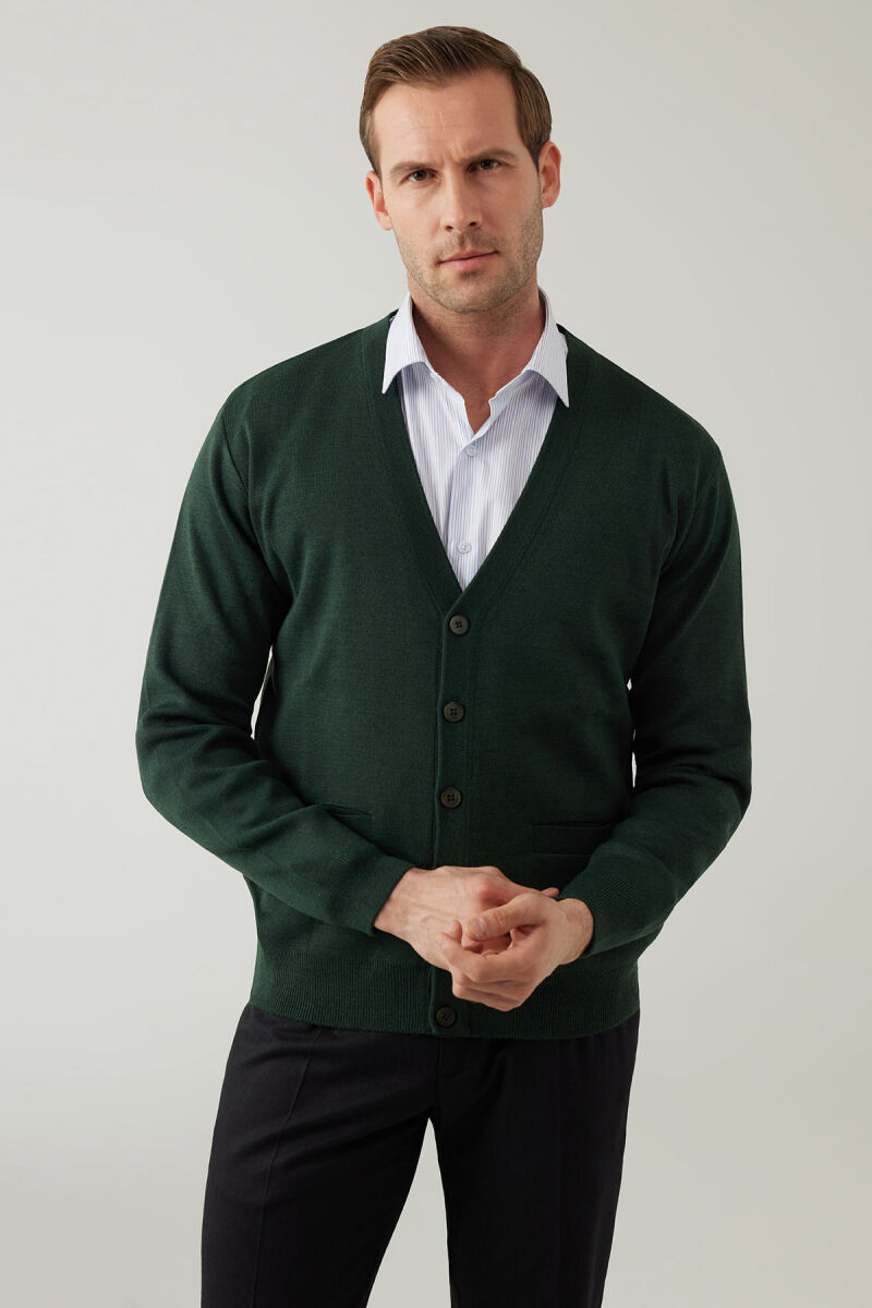 Erkek Yeşil Düğmeli Yünlü Triko Hırka - 2