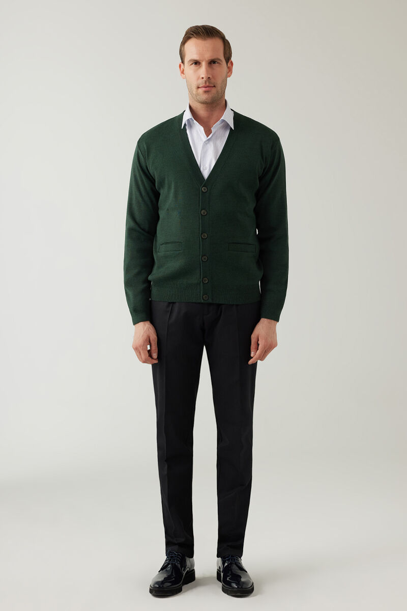 Erkek Yeşil Düğmeli Yünlü Triko Hırka - 3