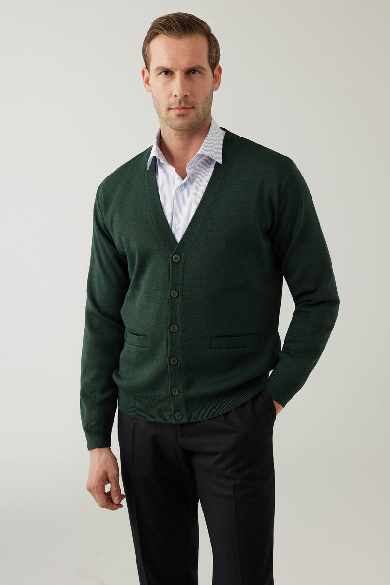 Erkek Yeşil Düğmeli Yünlü Triko Hırka - 4