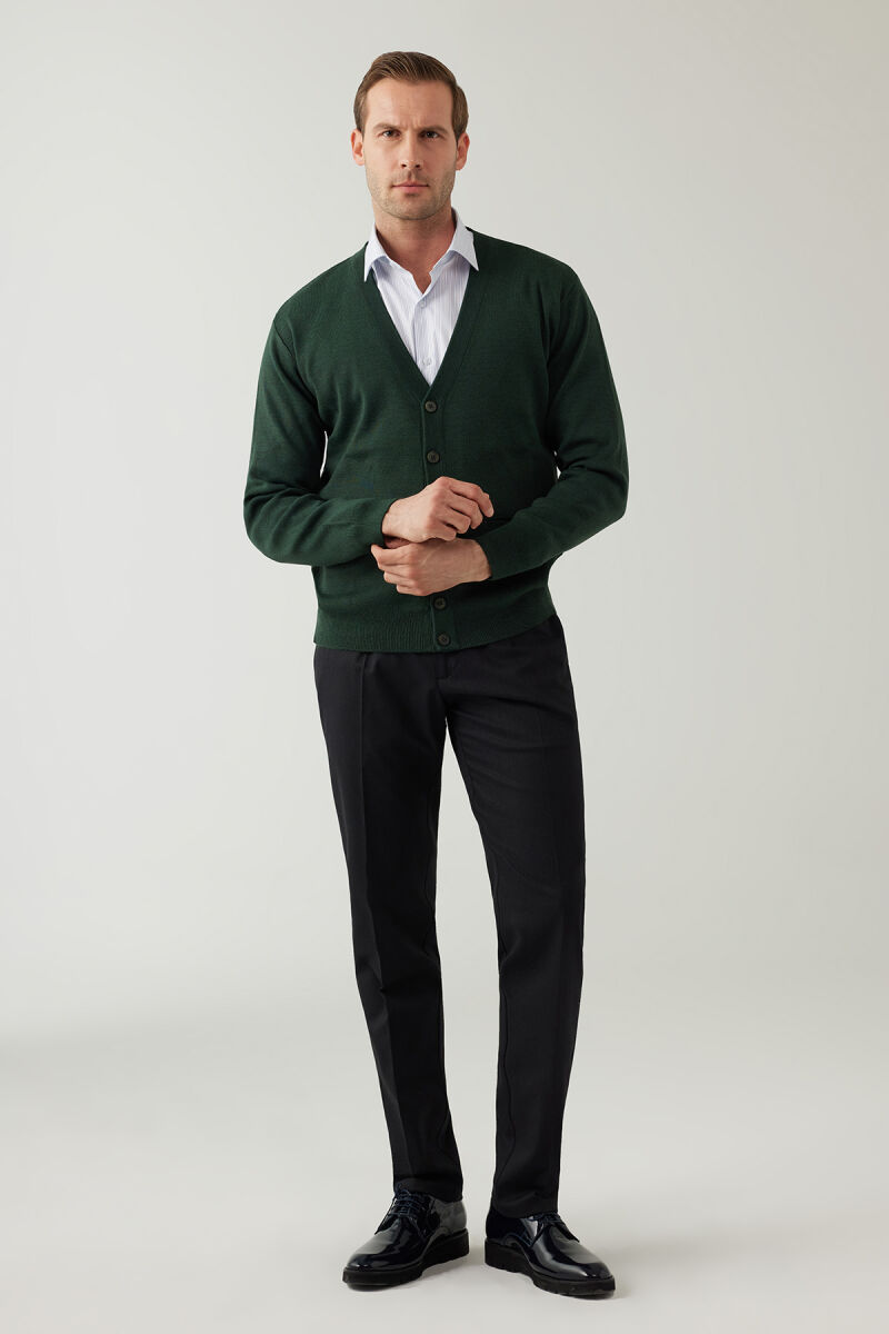 Erkek Yeşil Düğmeli Yünlü Triko Hırka - 5