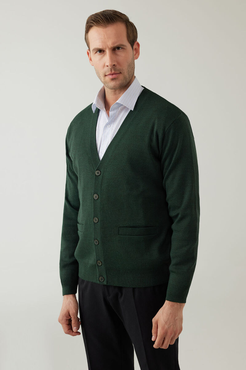 Erkek Yeşil Düğmeli Yünlü Triko Hırka - 6