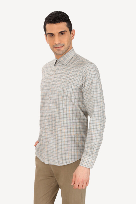 Erkek Yeşil Gri Uzun Kol Klasik Kareli Gömlek