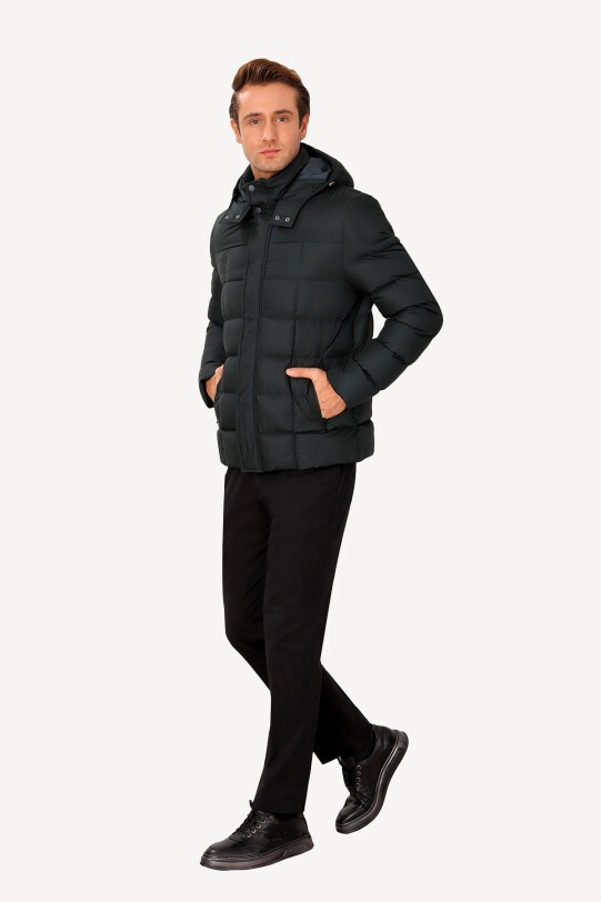 Erkek Yeşil Kapüşonlu Klasik Kaban