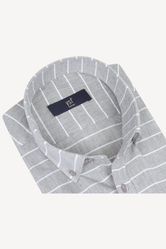 Erkek Yeşil Klasik Çizgili Keten Gömlek