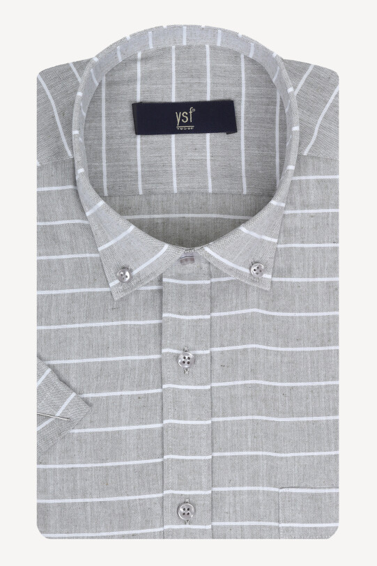 Erkek Yeşil Klasik Çizgili Keten Gömlek