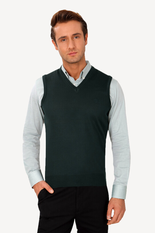 Erkek Yeşil Klasik V yaka Triko Süveter