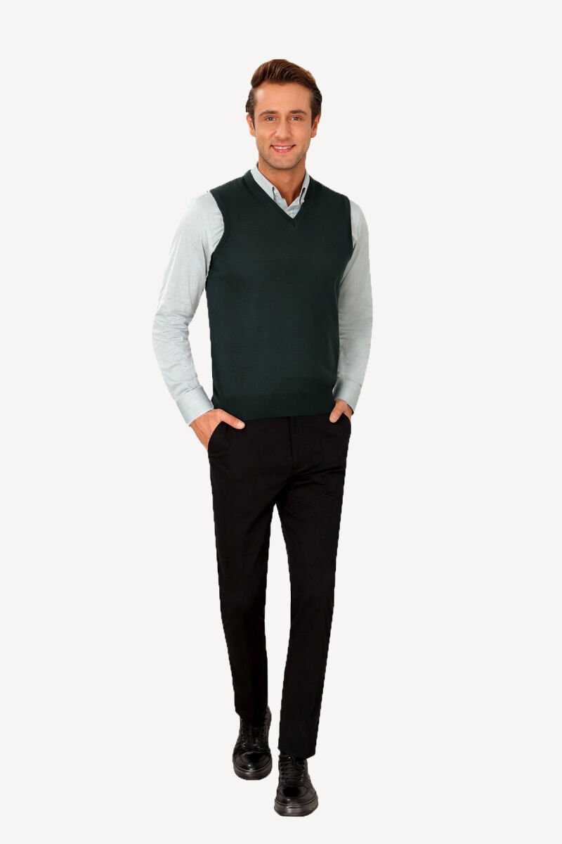 Erkek Yeşil Klasik V yaka Triko Süveter - 2