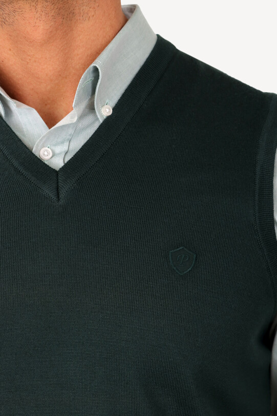 Erkek Yeşil Klasik V yaka Triko Süveter