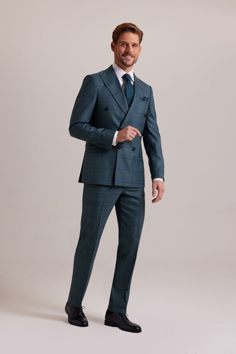Erkek Yeşil Lacivert Regular Fit Kareli Kruvaze Takım Elbise - 1